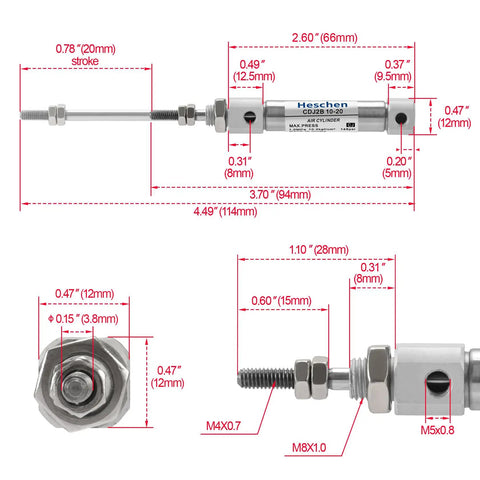 Diagram of Stainless Steel Slim Air Pneumatic Cylinder CDJ2B 10-20 With M5 Port, 10mm Bore, 20mm Stroke showing dimensions