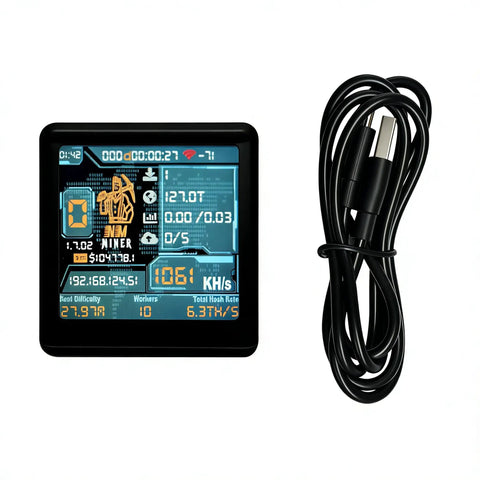 Upgraded All-In-One Bitcoin Miner And Smart Crypto Clock With 1060 KHs Solo Mining, showing 1.54 inch display and USB cable