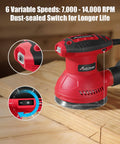 Heavy Duty Five Inch Random Orbital Sander Featuring Six Variable Speeds And A Badass 360 Watt Motor For Killer Wood Finishes with dust-sealed switch.