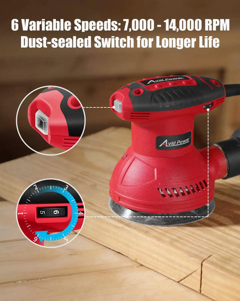 Heavy Duty Five Inch Random Orbital Sander Featuring Six Variable Speeds And A Badass 360 Watt Motor For Killer Wood Finishes with dust-sealed switch.