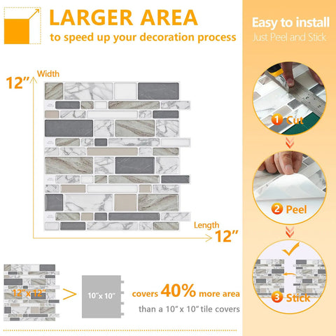 Diagram showing Peel And Stick Backsplash Tiles For Kitchen And Bath, 12 By 12 Self Adhesive Wall Tiles, installation process.
