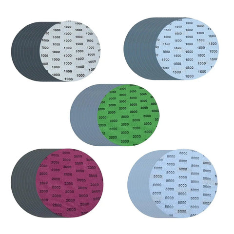 50 Pack Premium Round Wet Dry Sanding Discs Grit 1000 To 5000 assortment displaying various grit levels for polishing.