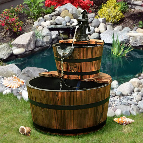 2 Tier Barrel Waterfall Outdoor Fountain With Electric Pump Rustic Wood Water Feature in garden setting