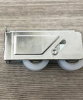 Heavy Duty Double Wheel Sliding Door Track Rollers With Rugged Aluminum Frame And Silent Nylon Wheels For Slick Action Windows And Smooth Room Panels Quick Swap Replacement Parts No Sweat Install, close-up view.