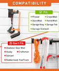 Garage wall organization showing compatible and incompatible slatwall brands with hooks and ladder.