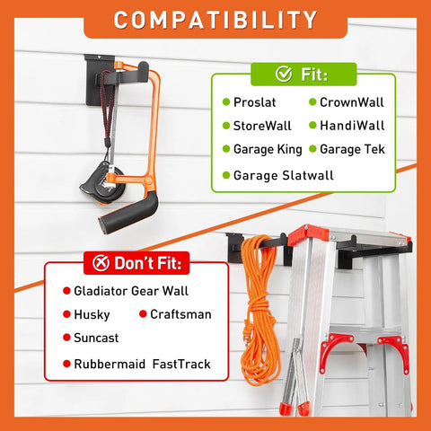 Garage wall organization showing compatible and incompatible slatwall brands with hooks and ladder.