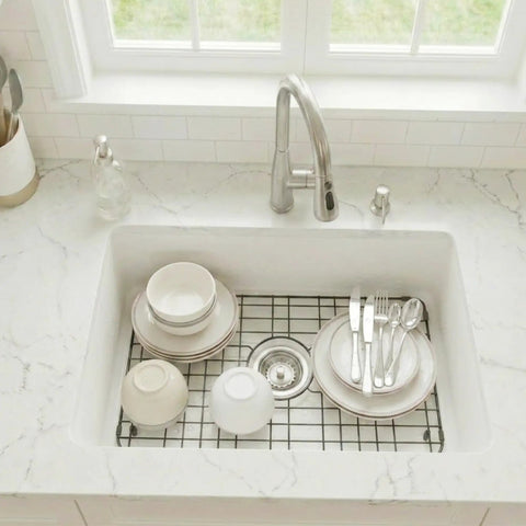 Black Stainless Steel Sink Grid For Kitchen Sinks 24 15/16 By 13 1/8 Inch Pro Grade Bottom Protector And Grate in a white sink