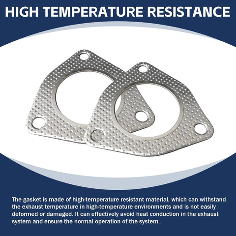Two Pack 2.48 Inch Car Exhaust Pipe Gasket With 3 Bolt Flange Fits Most Cars Like A Glove Universal Fit High Temperature Sealing Graphite Asbestos Core And Galvanized Outer Layer Silver Replacement Modification Accessory showing high temperature resistance with two gaskets on gray background.