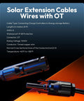Close-up of Solar Extension Cable with OT connectors, highlighting 2.4m length and IP68 rating. Text background details features.