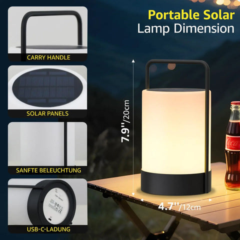 Solar Lantern LED Outdoor Cordless Table Lamp With IP44 Waterproof Metal Frame RGB And Warm White Lighting, dimensions shown.
