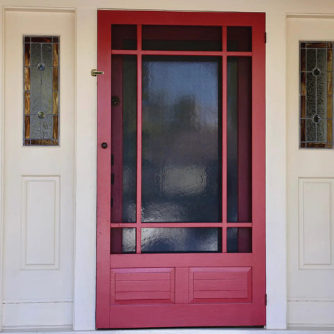 Built Tough Spring Loaded Screen Door Catch Slick Brass Finish Iron Frame Keeps Entryway And Patio Gates Locked Tight on red entry door.