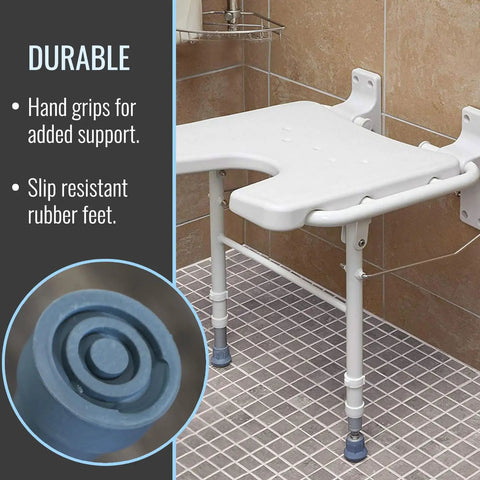 Wall Mount Fold Away Shower Chair With Adjustable Legs 16 By 16 Inch White Bath Seat Bench showing slip-resistant feet and hand grips