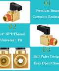 Heavy Duty Brass 4 Pack Air Compressor Drain Valve Set for 1/4 Inch NPT Ports, showing ball valve design and corrosion resistance
