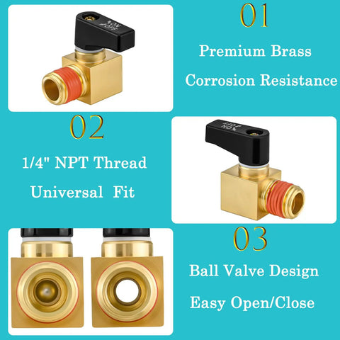 Heavy Duty Brass 4 Pack Air Compressor Drain Valve Set for 1/4 Inch NPT Ports, showing ball valve design and corrosion resistance