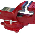 Heavy Duty 4 Inch Bench Vise Built Tough With 130,000 PSI Austempered Ductile Iron, 360 Degree Interlocking Swivel Base, Red