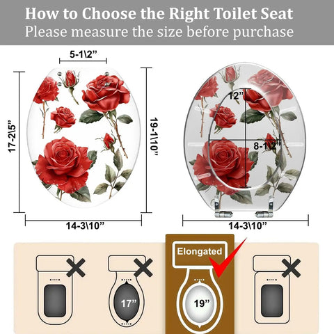 Quiet Close Elongated Toilet Seat for Bathroom with floral design, measuring 19" x 14.3" for accurate sizing.