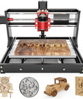 Desktop CNC router machine with red spindle head and black frame carving a wooden board; four wood craft samples shown.