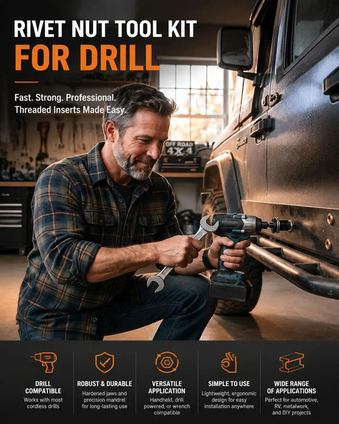Drill Powered Rivet Nut Kit M3 To M8 Threaded Insert Tool Set For Automotive Repairs DIY Projects And Metal Fabrication Durable Steel Construction For Fast Secure Installations In Aluminum And Steel Panels, used on vehicle panel