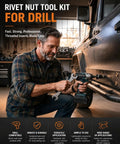 Drill Powered Pro Grade Rivet Nut Kit M3 To M8 Threaded Insert Tool Set For Auto Repairs, Aluminum Fabrication, And Diy Projects With Fast, Durable Rivet Nut Installation For Secure Metal Panels. Man installing rivet nut in truck panel with drill