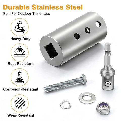 Trailer Drill Jack Adapter With 1 Inch Drive Shaft Impact Tool Adapter For Top Wind Jacks metal parts and fasteners displayed.