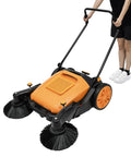 Walk Behind Floor Sweeper Featuring An Extra Wide 41 Inch Triple Brush Design Knocking Out Grime On Concrete Driveways Patios And Warehouse Floors Is Total No Sweat Thanks To Smooth Handling Gets The Job Done Fast, being pushed by a user.