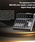 Front angle view of Six Channel Pro Audio Mixer With 99 DSP Effects Phantom Power 48V Bluetooth USB Interface Two Aux Sends FX Processor displayed on a dark background.