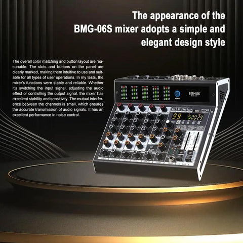 Front angle view of Six Channel Pro Audio Mixer With 99 DSP Effects Phantom Power 48V Bluetooth USB Interface Two Aux Sends FX Processor displayed on a dark background.