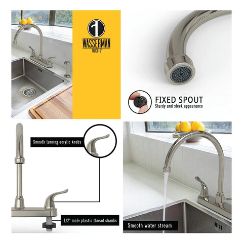 RV Kitchen Sink Faucet With High Arc Spout, Dual Lever Handles, And Side Spray, Brushed Nickel, Installed in Camper Kitchen