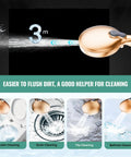 Gold filtered handheld shower head with high pressure spray, 9 modes, detachable, shown in various cleaning scenarios.