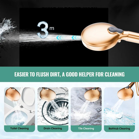Gold filtered handheld shower head with high pressure spray, 9 modes, detachable, shown in various cleaning scenarios.