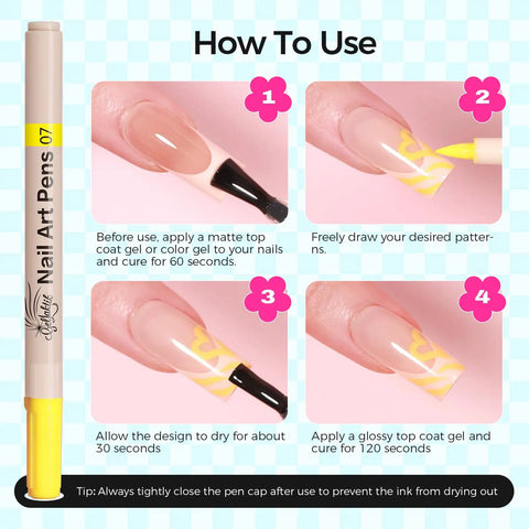 Steps using Dope 18 Color 3D Nail Art Pens Set With 0.7mm Tip For Nail Design on a beige fingernail with black and yellow design