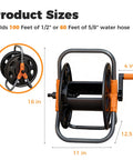Portable Garden Hose Reel Cart dimensions, 16x12.5x11 inches, durable plastic, holds 50-80 ft 5/8 inch hoses, storage cart.