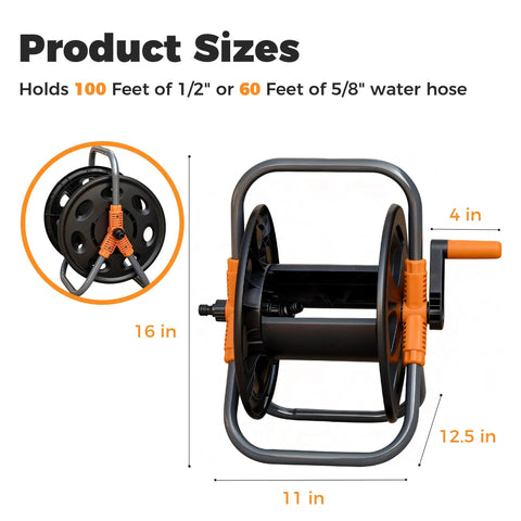 Portable Garden Hose Reel Cart dimensions, 16x12.5x11 inches, durable plastic, holds 50-80 ft 5/8 inch hoses, storage cart.