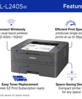 Compact Wireless Monochrome Laser Printer With Mobile Printing And Alexa Compatibility For WFH Home Offices Black And White Output Up To 30 Pages Per Minute Includes Refresh Subscription Trial, front view with wireless and print speed features