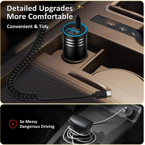 Hella Fast 48W USB C Car Charger With Slick Coiled Cable For Samsung And Apple Devices PD 3.0 QC 3.0 in car cup holder