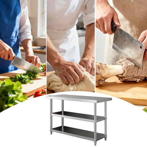 Rock Solid Workbench With Adjustable Shelves And Three Tier Open Storage Packing Station Commercial Metal Prep Table used for chopping vegetables and kneading dough.