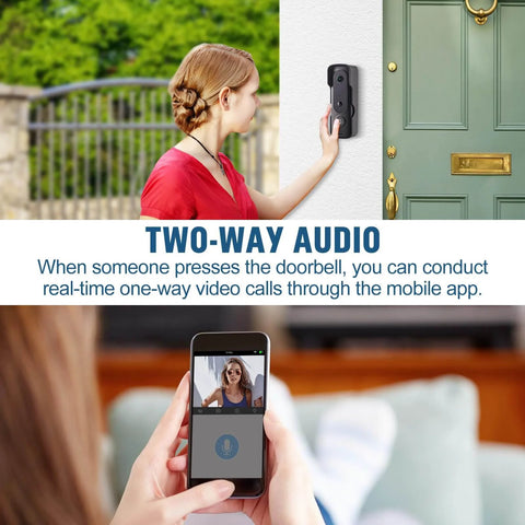 Woman using 1080P Wireless Video Doorbell Camera With Ring Chime Infrared Night Vision Live View Smart Human Detection Two Way Audio WiFi Connectivity 32GB SD Card And Free Cloud Storage For Up To 30 Days Indoor And Outdoor Surveillance with phone app.