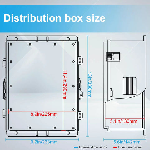 Diagram showing dimensions of Outdoor Weatherproof Electrical Junction Box With ABS Enclosure, IP65 rated, 13x9.2x5.6 inches