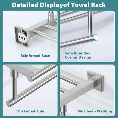 Close-up of 16 Inch Wall Mounted Towel Rack With Tower Bars In Brushed Nickel, showcasing reinforced base and rounded corner design.
