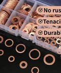 Red Copper Crush Washer Kit 200 Pcs Assortment With 9 Sizes For Oil Plugs Sealing Set Tight Leakproof Fit High Heat Resistance And Strong Electrical Conductivity Durable Automotive And Mechanical Use displayed in a case with no rust, tenacity, and durability labels