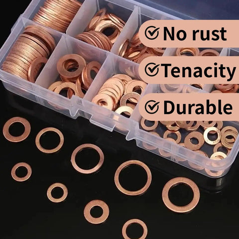 Red Copper Crush Washer Kit 200 Pcs Assortment With 9 Sizes For Oil Plugs Sealing Set Tight Leakproof Fit High Heat Resistance And Strong Electrical Conductivity Durable Automotive And Mechanical Use displayed in a case with no rust, tenacity, and durability labels