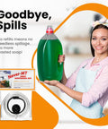 Woman holding large soap bottle with Soap Dispenser Conversion Kit With Kitchen Sink Extension Tube Lets You Pump Direct From The Big Bottle Fits Most Containers Made In USA No More Soap Shortages Easy Install For Home Kitchens And Busy Hands.
