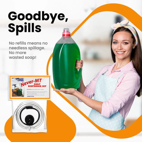 Woman holding large soap bottle with Soap Dispenser Conversion Kit With Kitchen Sink Extension Tube Lets You Pump Direct From The Big Bottle Fits Most Containers Made In USA No More Soap Shortages Easy Install For Home Kitchens And Busy Hands.