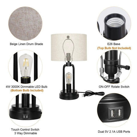 Farmhouse End Table Lamps Set Of 2 With Touch Control And 3 Way Dimmable Night Light USB Port Dual Bulbs Matte Black Finish