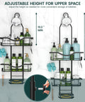 Image of a Must Have Overhead Shower Organizer With Adjustable Height Rustproof Caddy With Hooks And Soap Holder Extended Length Large Capacity Anti Swing Design Black Finish Easy Install For A Neat Tidy Bathroom Space, showing adjustable height from 10.2 to 16.5 inches with toiletries.
