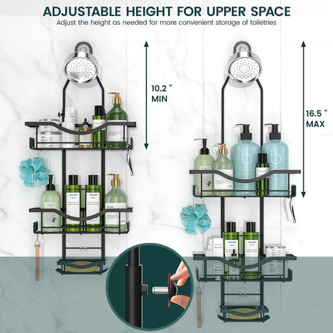 Image of a Must Have Overhead Shower Organizer With Adjustable Height Rustproof Caddy With Hooks And Soap Holder Extended Length Large Capacity Anti Swing Design Black Finish Easy Install For A Neat Tidy Bathroom Space, showing adjustable height from 10.2 to 16.5 inches with toiletries.