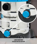 Close-up of Six Gallon Stainless Steel Wet and Dry Shop Vacuum With 3 Peak HP Motor showing large drain port feature