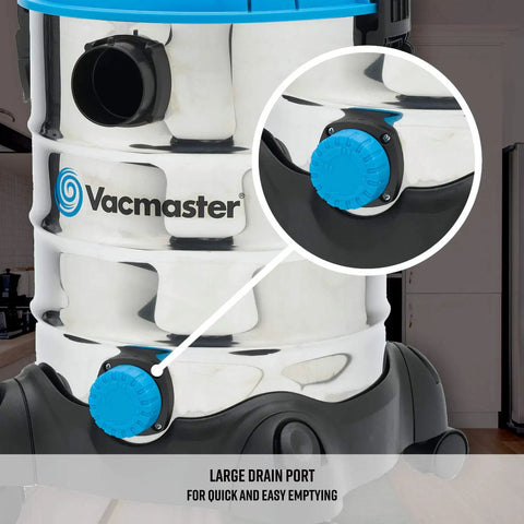 Close-up of Six Gallon Stainless Steel Wet and Dry Shop Vacuum With 3 Peak HP Motor showing large drain port feature