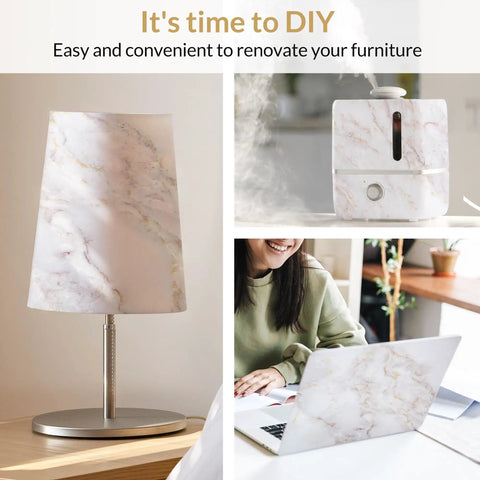 Slick Marble Peel And Stick Wallpaper on lamp, humidifier, and laptop.