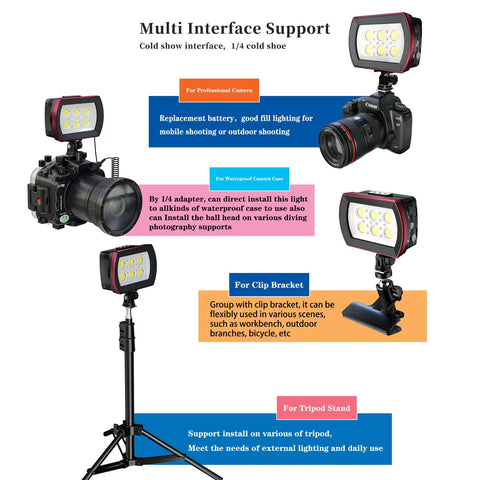 Underwater Video Light For Diving, Pro Grade 6000LM LED, 130ft Waterproof with multi-interface support on camera and tripod mount